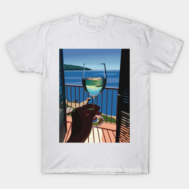 Wine Ocean view Europe Ilustration T-Shirt by Holailustra